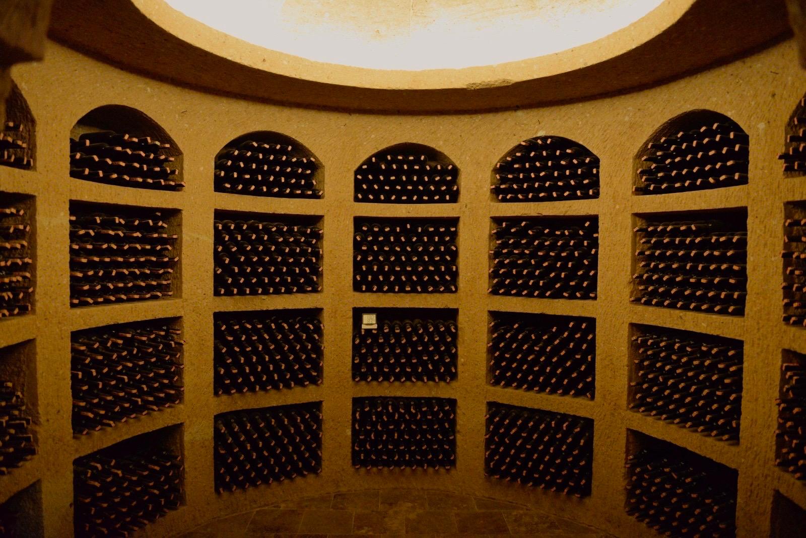 Vaulted interior of the cellar, with rock walls and working lights falling on the floor.